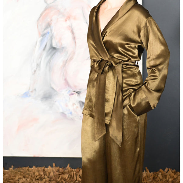 Eco-luxury handcrafted silk smoking jacket and drawstring pants