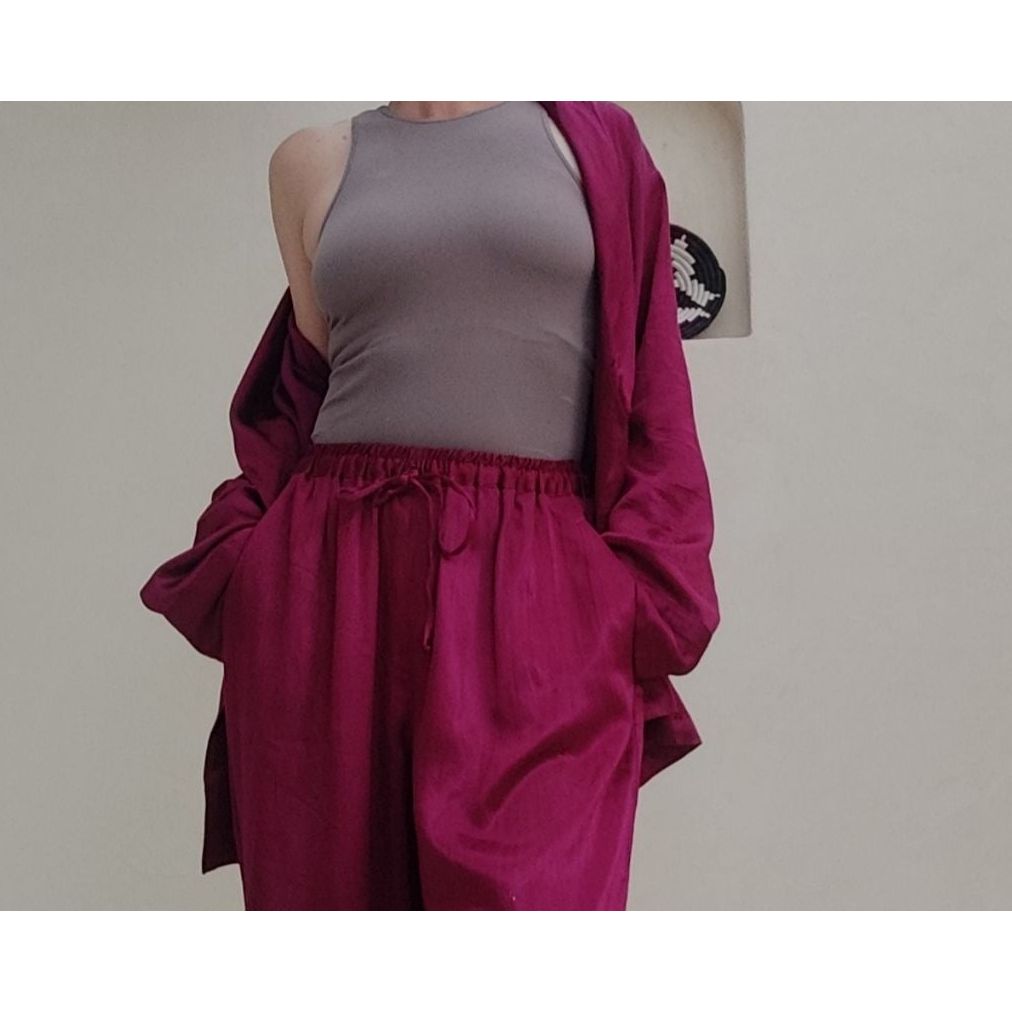Magenta Rosé silk loungewear set - Saint Moso
