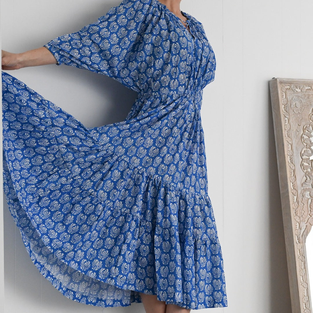 Peacock block print organic cotton farm dress